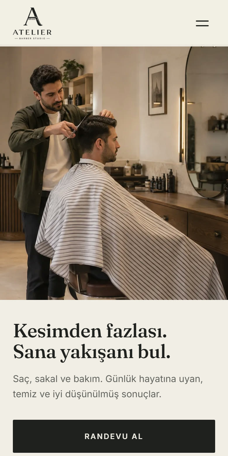 Atelier Barber kuaför web sitesi — mobil öncelikli marka vitrini