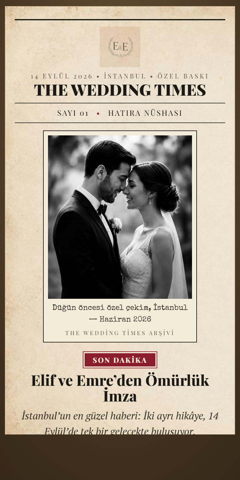 Dijital düğün davetiyesi — gazete tasarımlı, RSVP katılım formlu davetiye ekranı