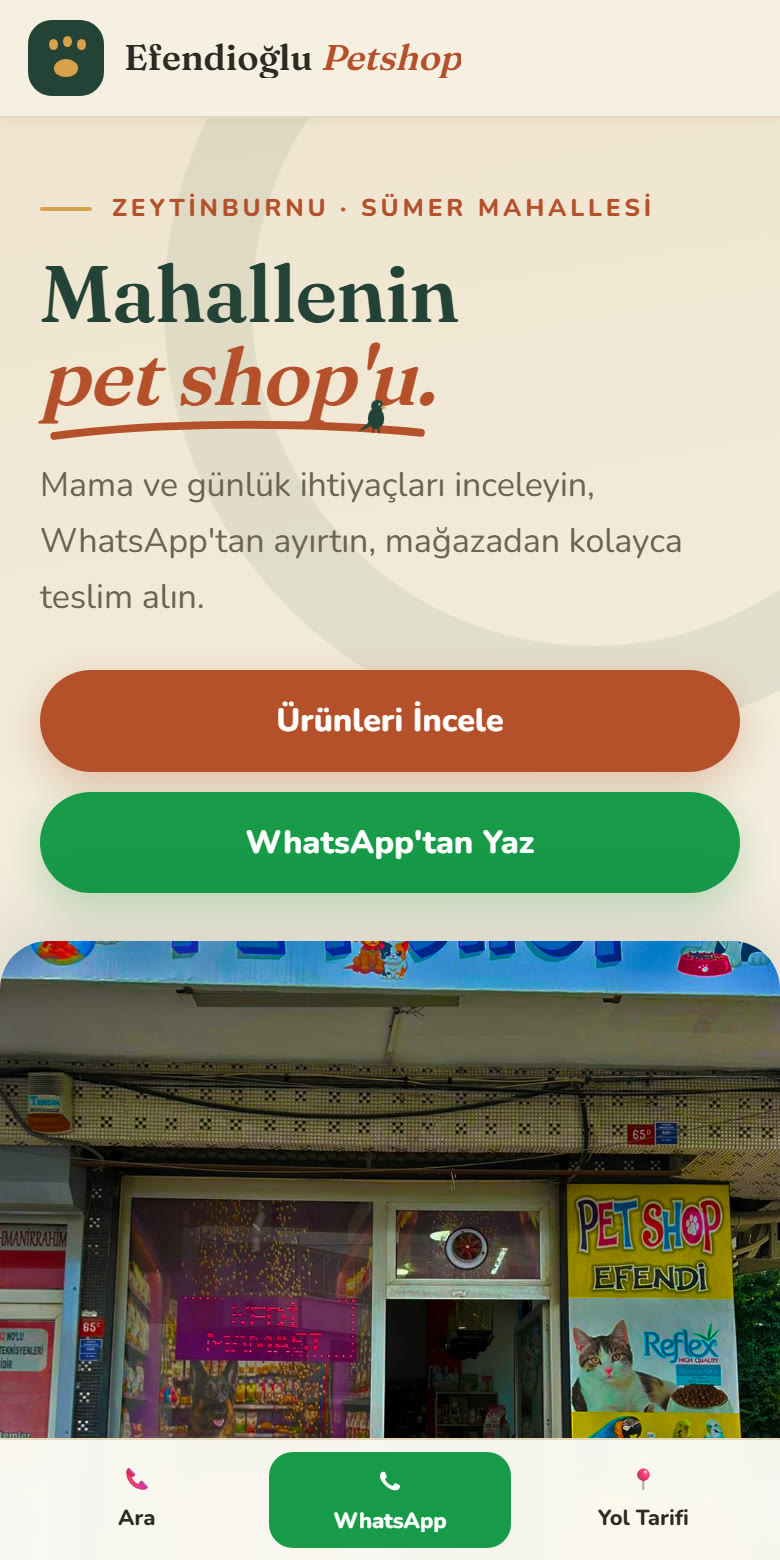 Efendioğlu Petshop web sitesi — kategorili ürün kataloğu ve WhatsApp sipariş akışı