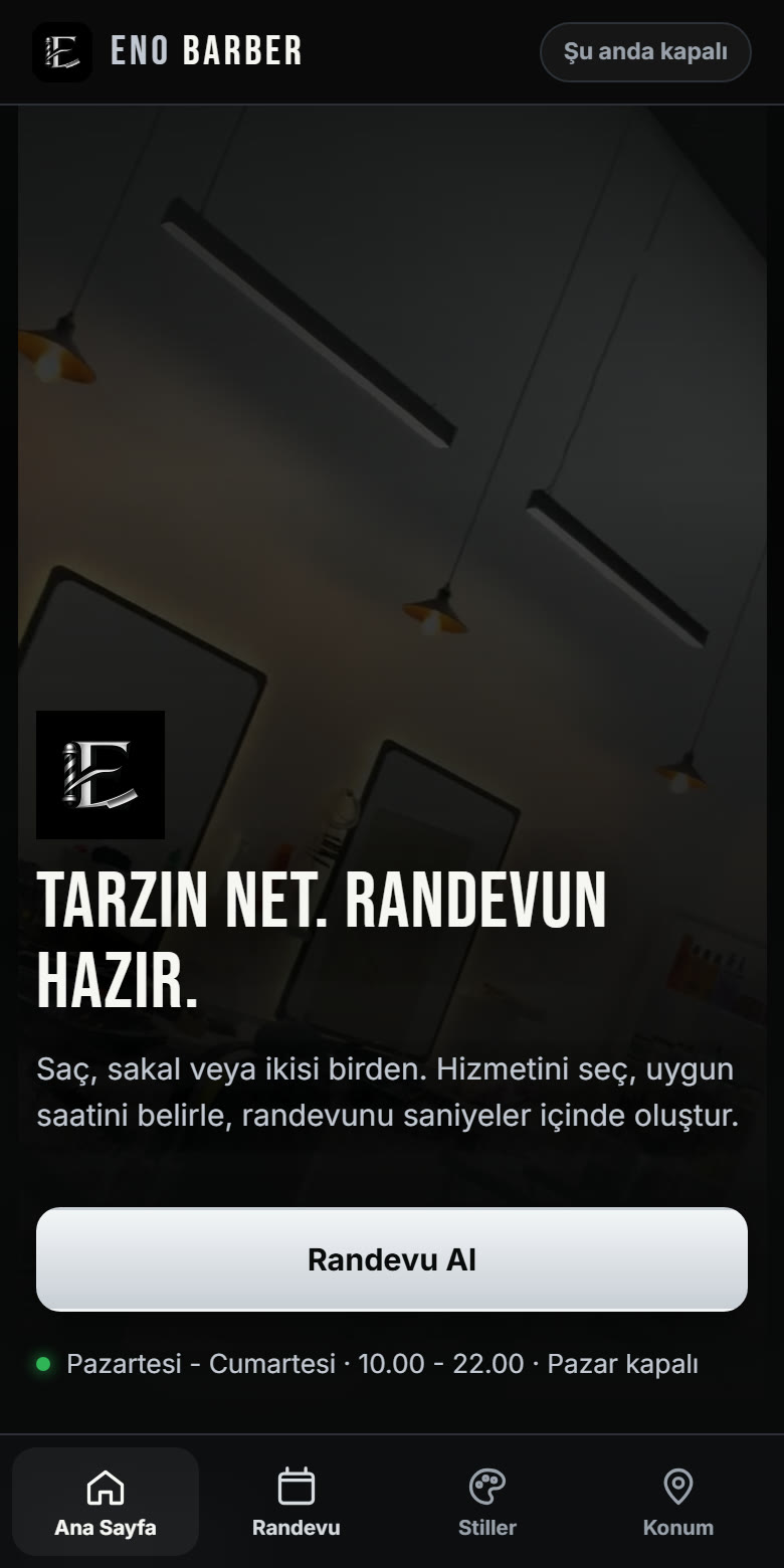 ENO Barber online berber randevu sistemi — müşterinin telefonunda hizmet ve saat seçimi ekranı