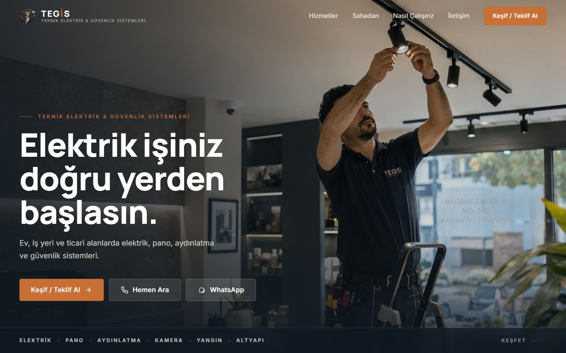 TEGIS kurumsal web sitesi — elektrik ve güvenlik firması için ihtiyaç seçici ekranı