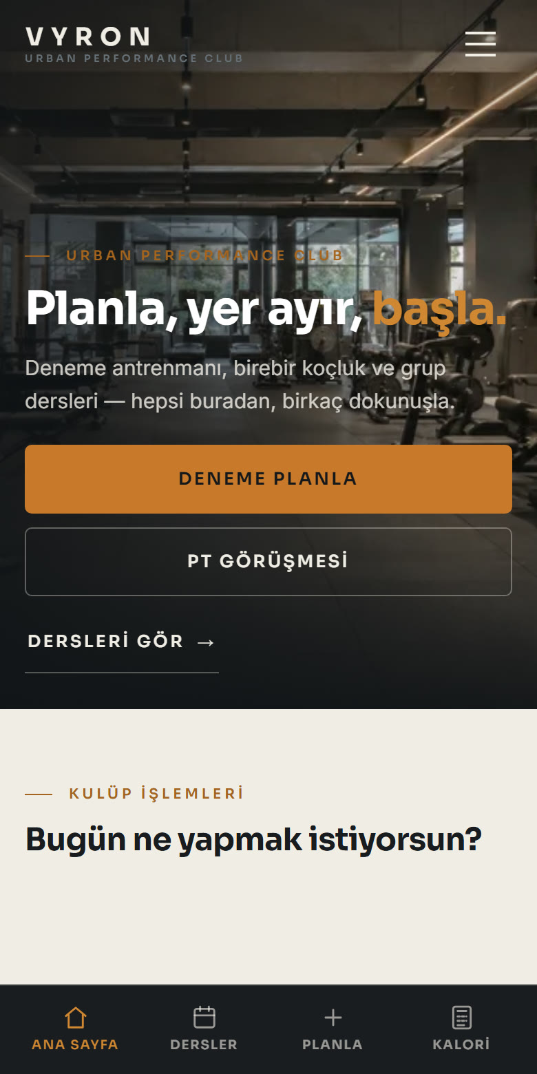 VYRON Gym spor salonu web sitesi — üyelik talep formu bulunan tanıtım sayfası