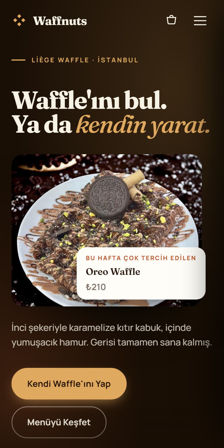 Waffnuts online sipariş sistemi — müşterinin kendi ürününü kurduğu, fiyatın anında hesaplandığı ekran